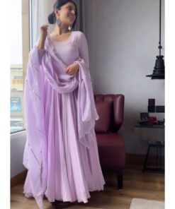 Exclusive Lilac Faux Georgette Lace Work Anarkali Suit With Dupatta