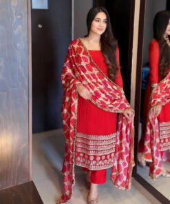 Exclusive Hot Red Pure Georgette Embroidery Work Pant Suit With Heavy Dupatta