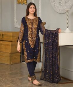 Exclusive Blue & Pink Pure Georgette Embroidery Work Pant Suit With Dupatta