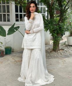 Exclusive White Maslin Cotton Embroidery Work Gharara Suit With Dupatta