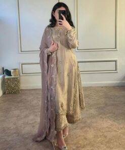 Exclusive Beige Brown Chinon Silk Embroidery Work Pakistani Suit With Dupatta