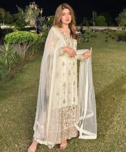 Exclusive Cream Chinon Silk Embroidery Work Pakistani Suit With Dupatta