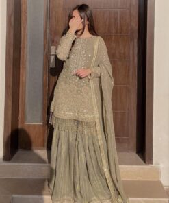 Exclusive Sage Green Pure Georgette Mirror Work Gharara Suit With Dupatta