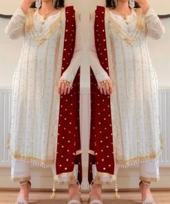 Exclusive White Pure Georgette Sequence Work Pakistani Suit With Pink & Maroon Dupatta