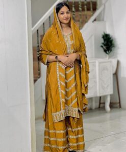 Exclusive Mustard Yellow Chinon Silk Embroidery Work Pakistani Suit With Dupatta