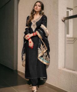 Exclusive Black & Maroon Chinon Silk Embroidery Work Pakistani Suit With Dupatta