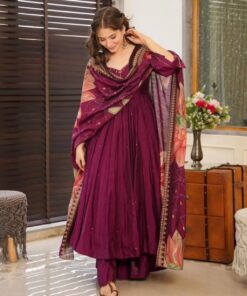 Exclusive Wine Chinon Silk Sequence Work Anarkali Suit With Dupatta