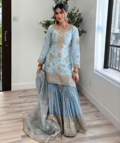 Exclusive Baby Blue Pure Georgette Embroidery Work Gharara Suit With Dupatta