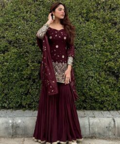 Exclusive Plum Wine Pure Georgette Sequence Work Gharara Suit With Dupatta