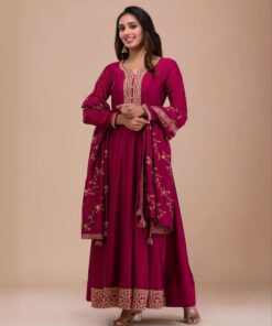Exclusive Blue & Pink Heavy Satin Silk Embroidery Work Anarkali Gown With Dupatta