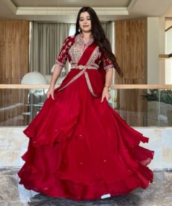 Ready To Wear Crimson Red Fiona Silk Embroidery Work Ruffle Saree With Blouse And Belt