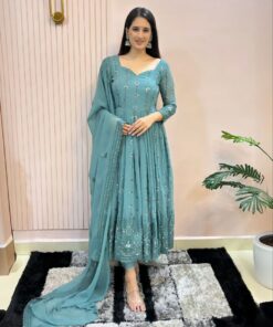 Exclusive Turquoise Pure Georgette Embroidery Work Anarkali Suit With Dupatta