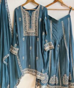 Beautiful Blue Chinon Silk With Fancy Embroidery Thread Work Sharara Suit With Dupatta