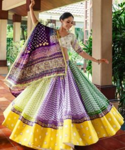 Exclusive White-Multi Maslin Cotton Sequence Work Lehenga Choli With Purple Dupatta