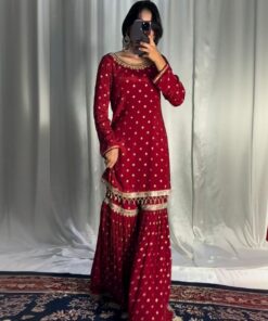 Gorgeous Maroon Pure Georgette With Sequence Work Gharara Suit With Dupatta