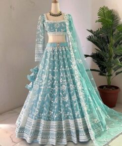 Exclusive Sky Blue Premium Net With Embroidery Work Lehenga Choli With Dupatta