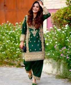 Exclusive Green Chinon Silk With Fancy Embroidery Thread Work Salwar Suit With Dupatta