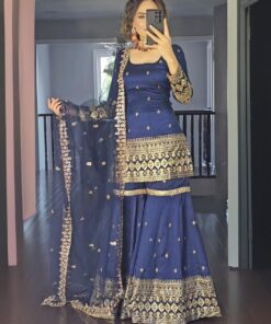 Beautiful Vichitra Silk With Fancy Embroidery Thread Work Gharara Suit With Dupatta