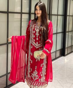 Beautiful Red Pure Georgette With Sequence Work Pant Suit With Dupatta