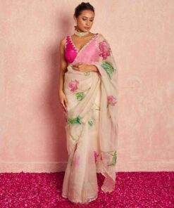 Gorgeous Pink Organza Silk With Floral Print Saree