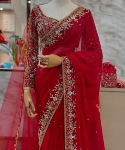 Exclusive Red Pure Georgette Embroidery Work Saree With Blouse