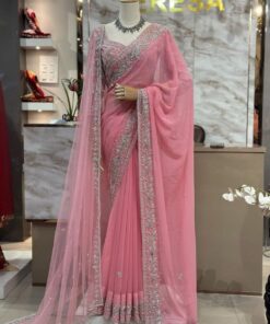 Exclusive Pink Pure Georgette Embroidery Work Saree With Blouse