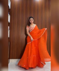 Exclusive Orange Pure Georgette Moti Work Lehenga Saree With Blouse