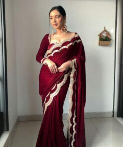 Exclusive Maroon Micro Velvet Lace Work Saree With Blouse