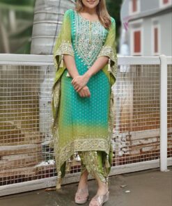 Party Wear Green-Orange Double Shade Embroidery Work Kaftan Suit With Tulip Dhoti