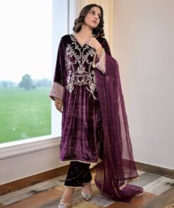 Party Wear Grape Micro Velvet Embroidery Work Pant Suit With Dupatta