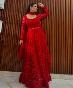 Ready To Wear Red Net Embroidery Work Anarkali Gown With Dupatta