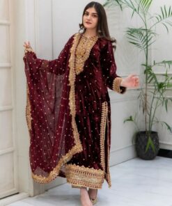 Festive Special Maroon & Purple Embroidery Work Velvet Suit With Dupatta